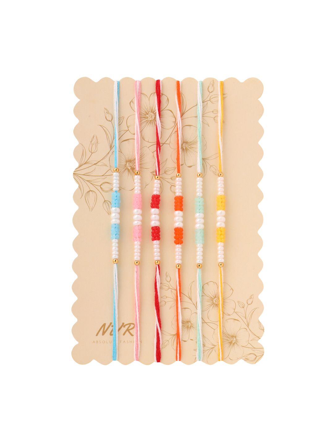NVR Unisex Set of 6 Multicolor Pearls Thread Rakhi with Roli Chawal, Rakshabandhan Combo