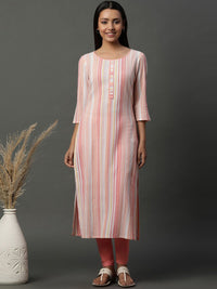 AURELIA Striped Round Neck Three-Quarter Sleeves Straight Kurta