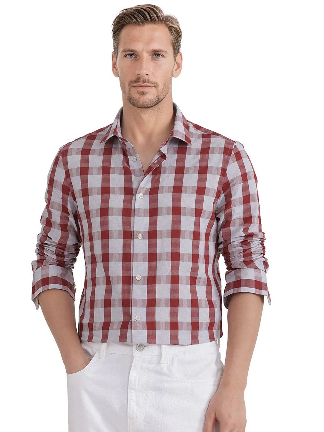 RARE RABBIT Comfort Spread Collar Checked Pure Cotton Casual Shirt