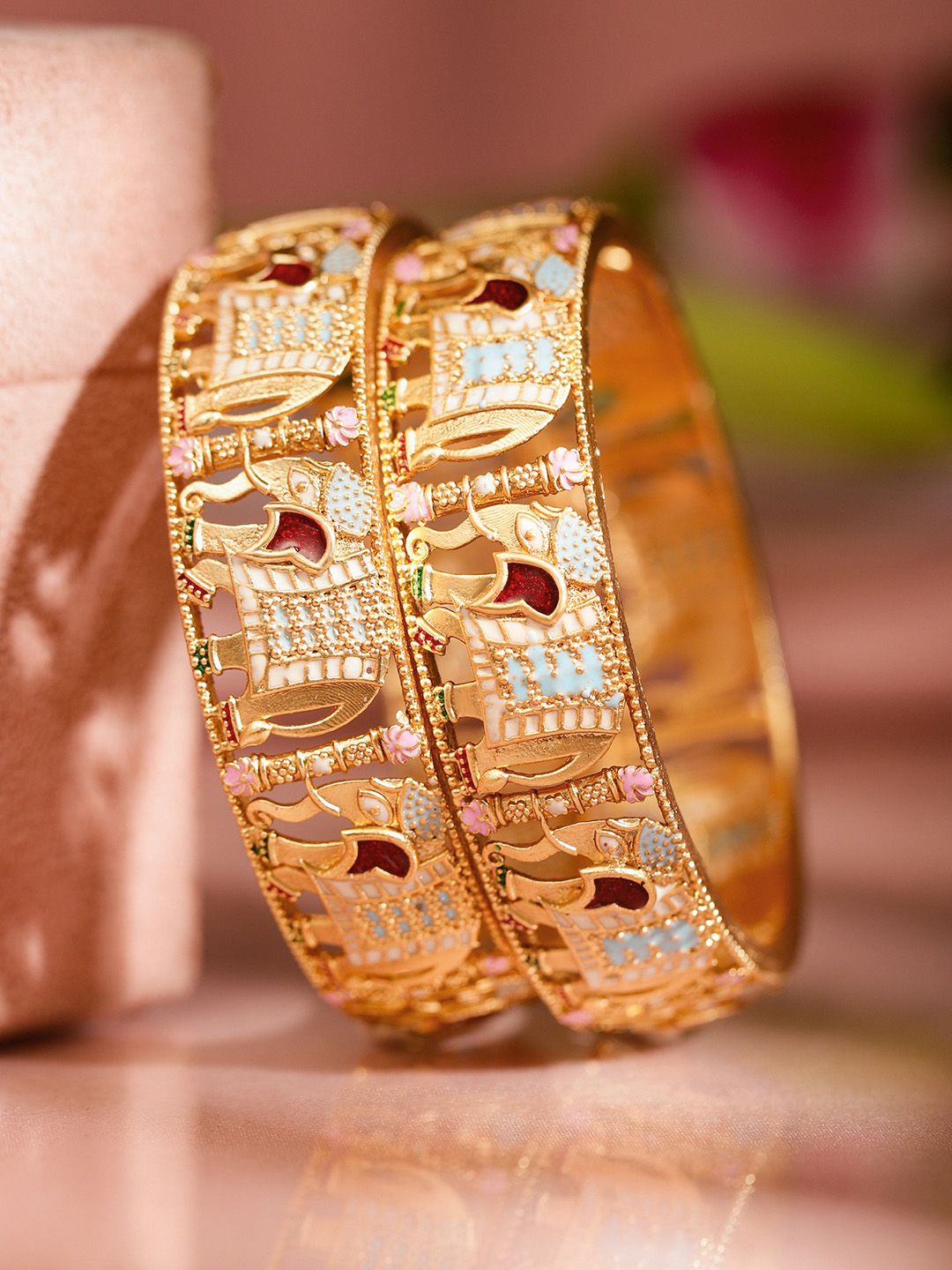 Rubans Set of 2 18K Gold-Plated Multicolor Enamel in Elephant Handcrafted Ethnic Bangles