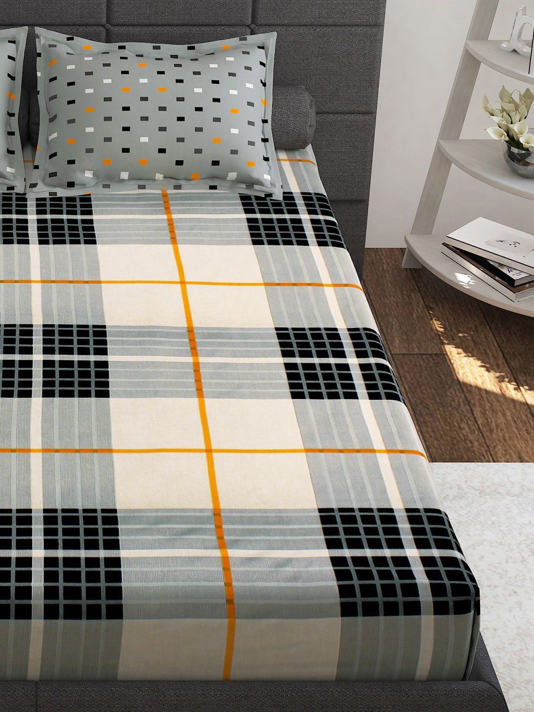 Story@home White Grey Geometric Cotton 144 TC Queen Bedsheet With 2 Pillow Covers