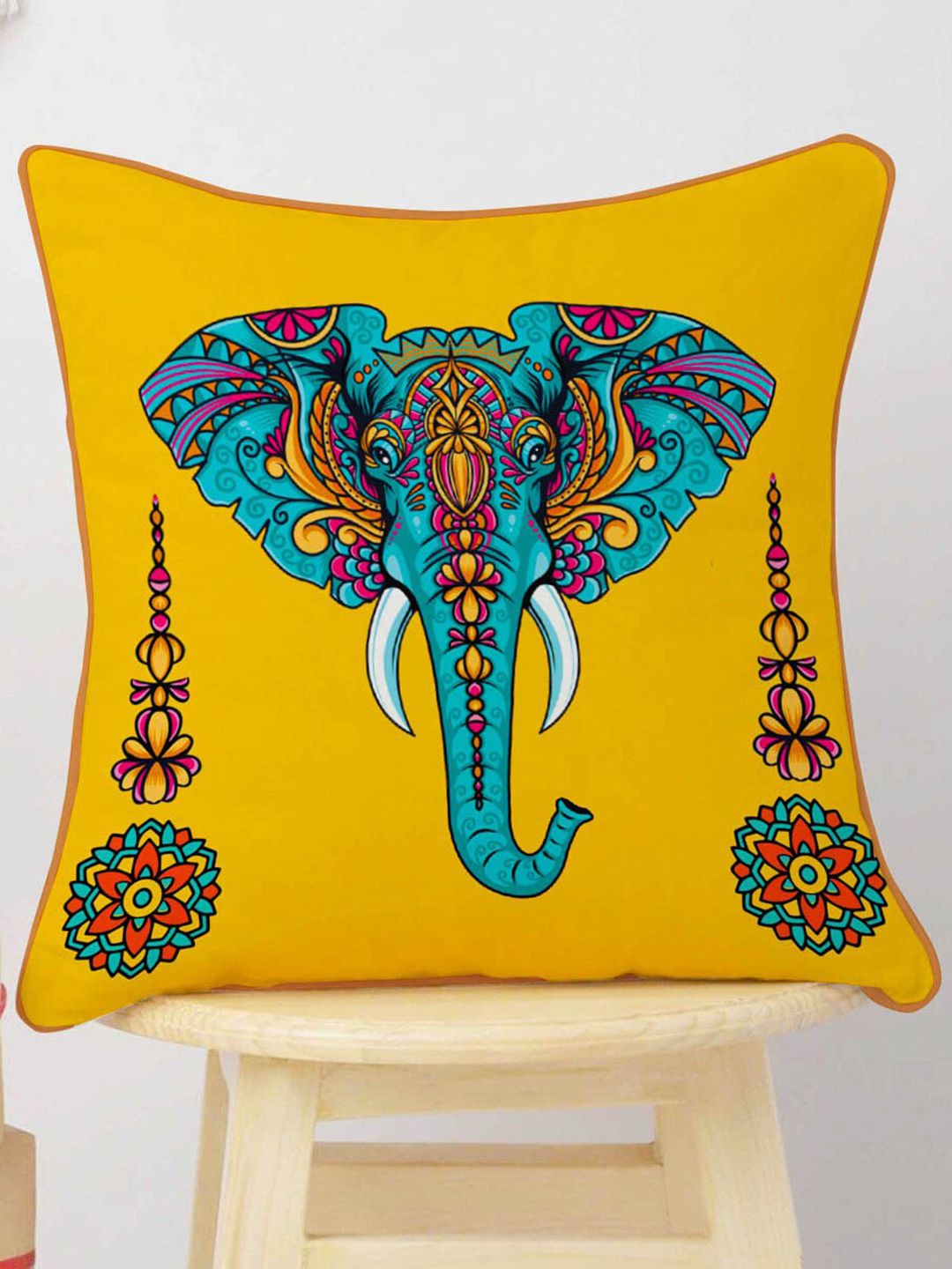 STITCHNEST Yellow & Blue Set of 5 Ethnic Motifs Velvet Square Cushion Covers