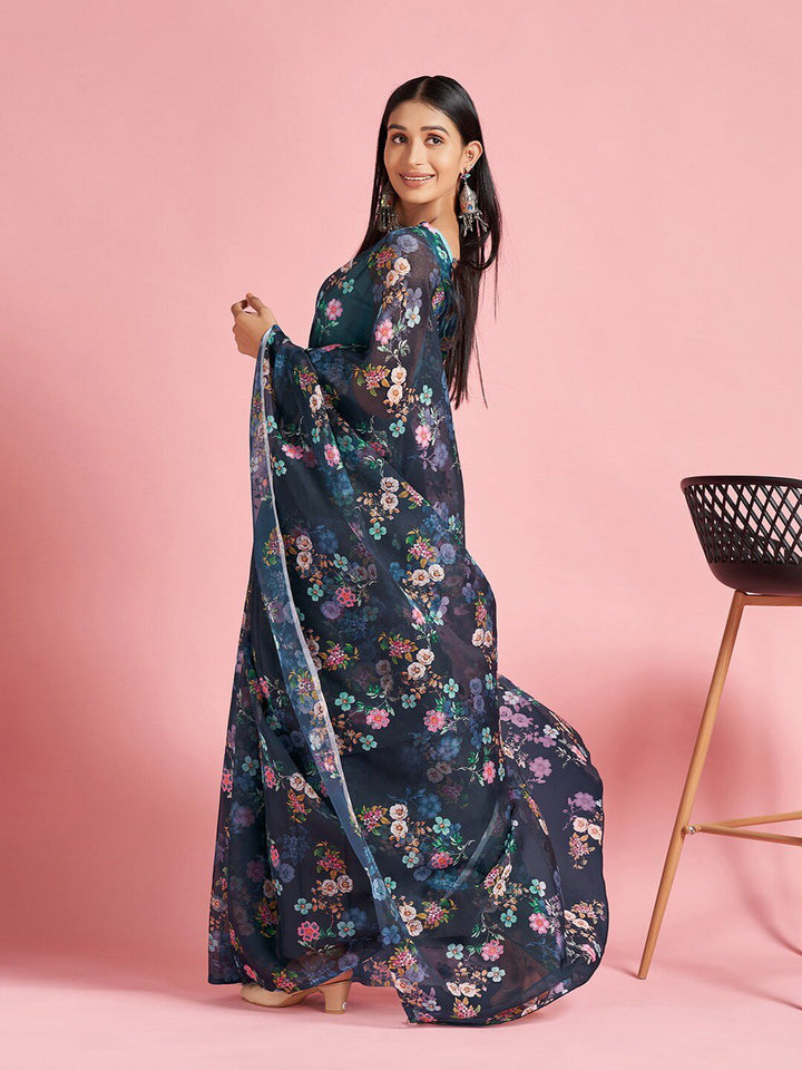 Saree mall Navy Blue & White Floral Printed Organza Sarees