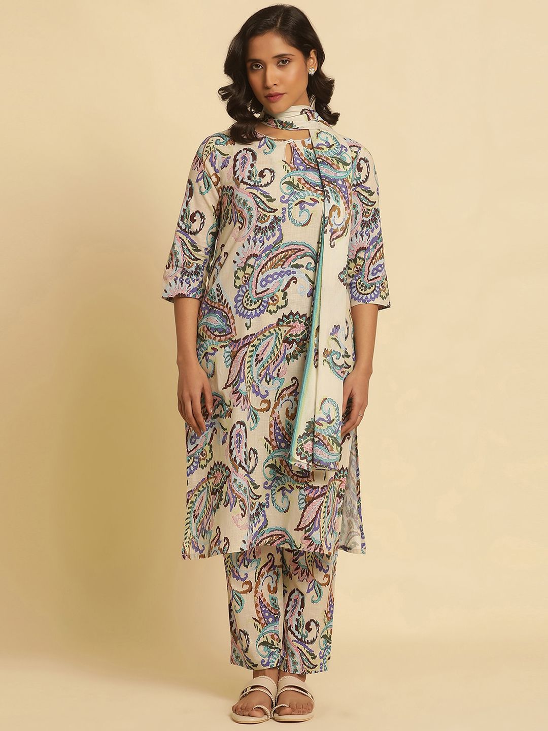 W Paisley Printed Keyhole Neck Pure Cotton Straight Kurta with Trouser & Dupatta