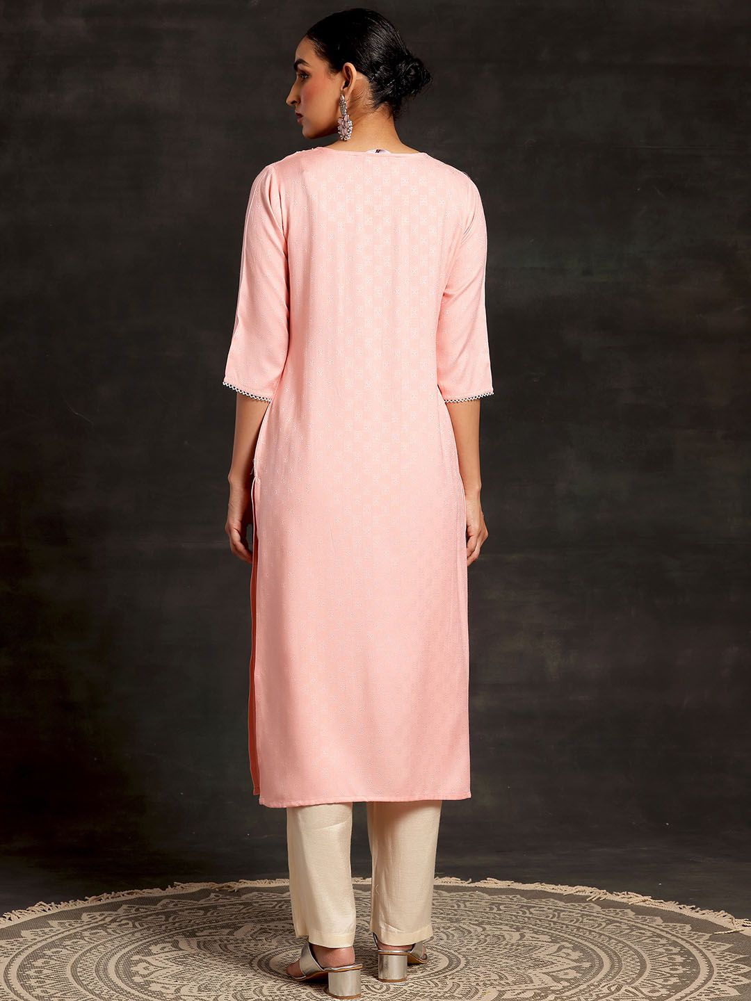 Libas Embroidered V Neck Three Quarter Sleeves Thread Work Dobby Kurta