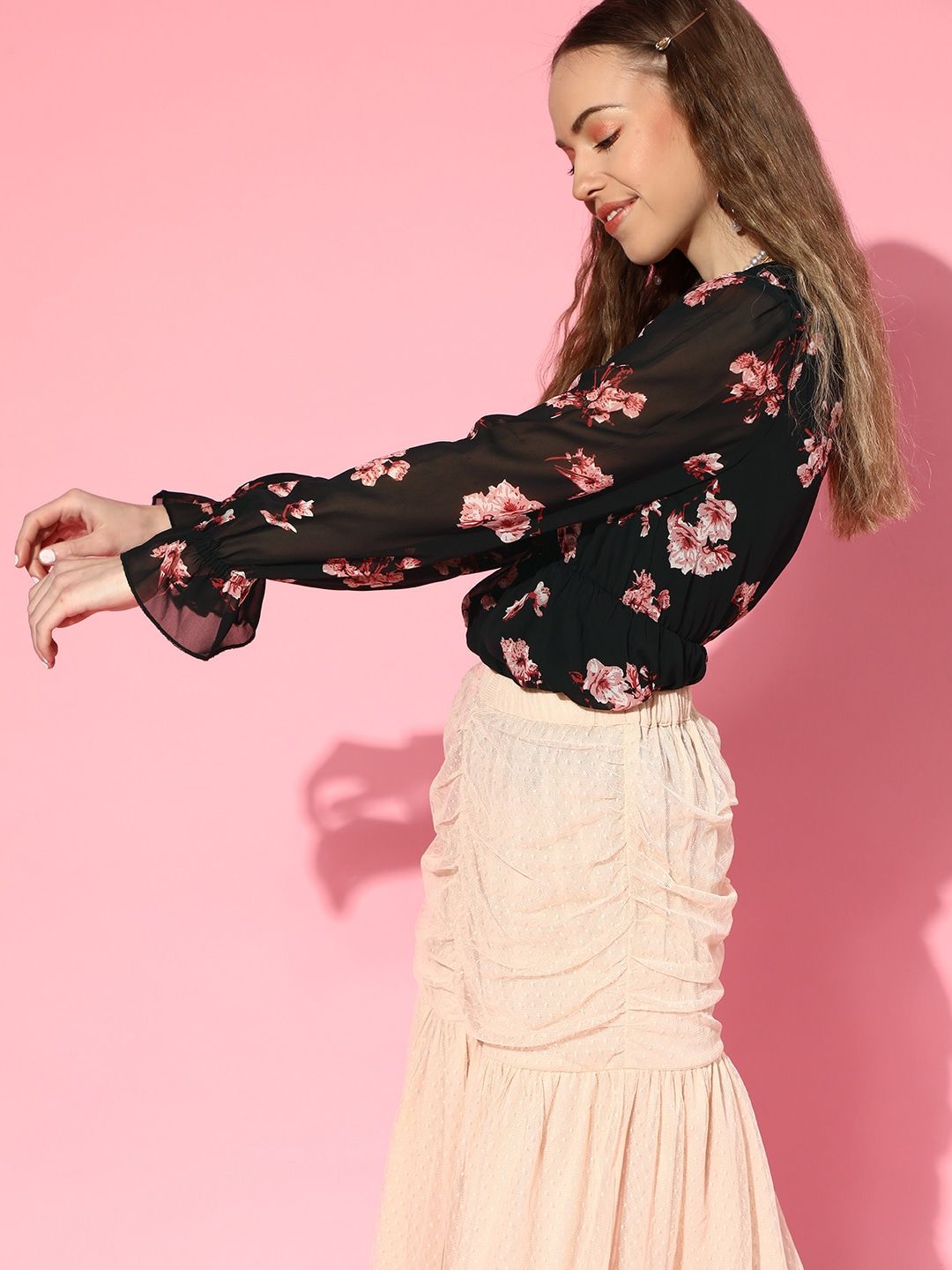SASSAFRAS Black & White Floral Print Bishop Sleeves Georgette Wrap Top