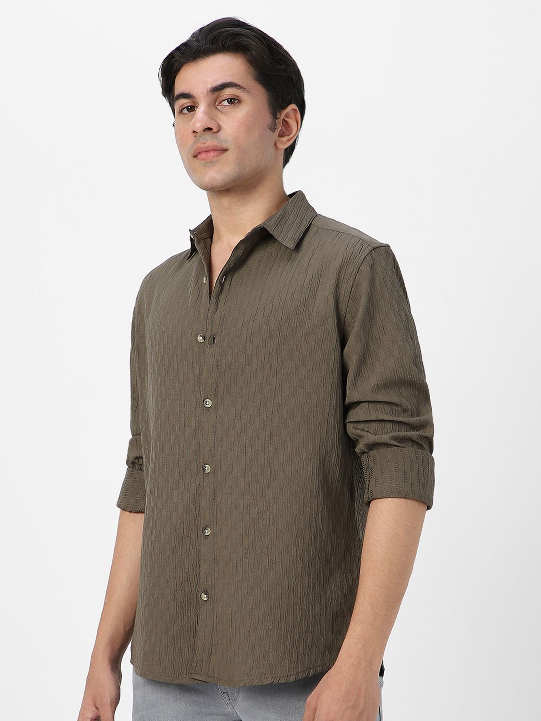 Urbano Fashion Men Spread Collar Textured Cotton Casual Shirt