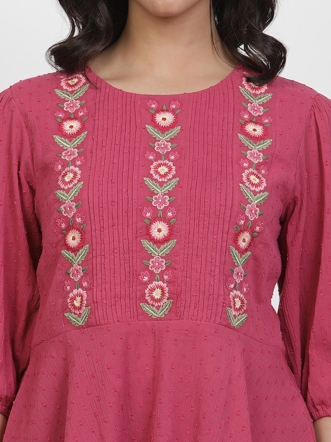 W Floral Embroidered Puffed Sleeves Pure Cotton Longline A-Line Top