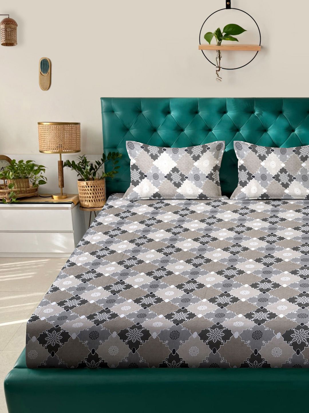 Myntra Elegant Homes Grey Printed Pure Cotton 400TC Fitted King Bedsheet Set 2.5 x 2.25m
