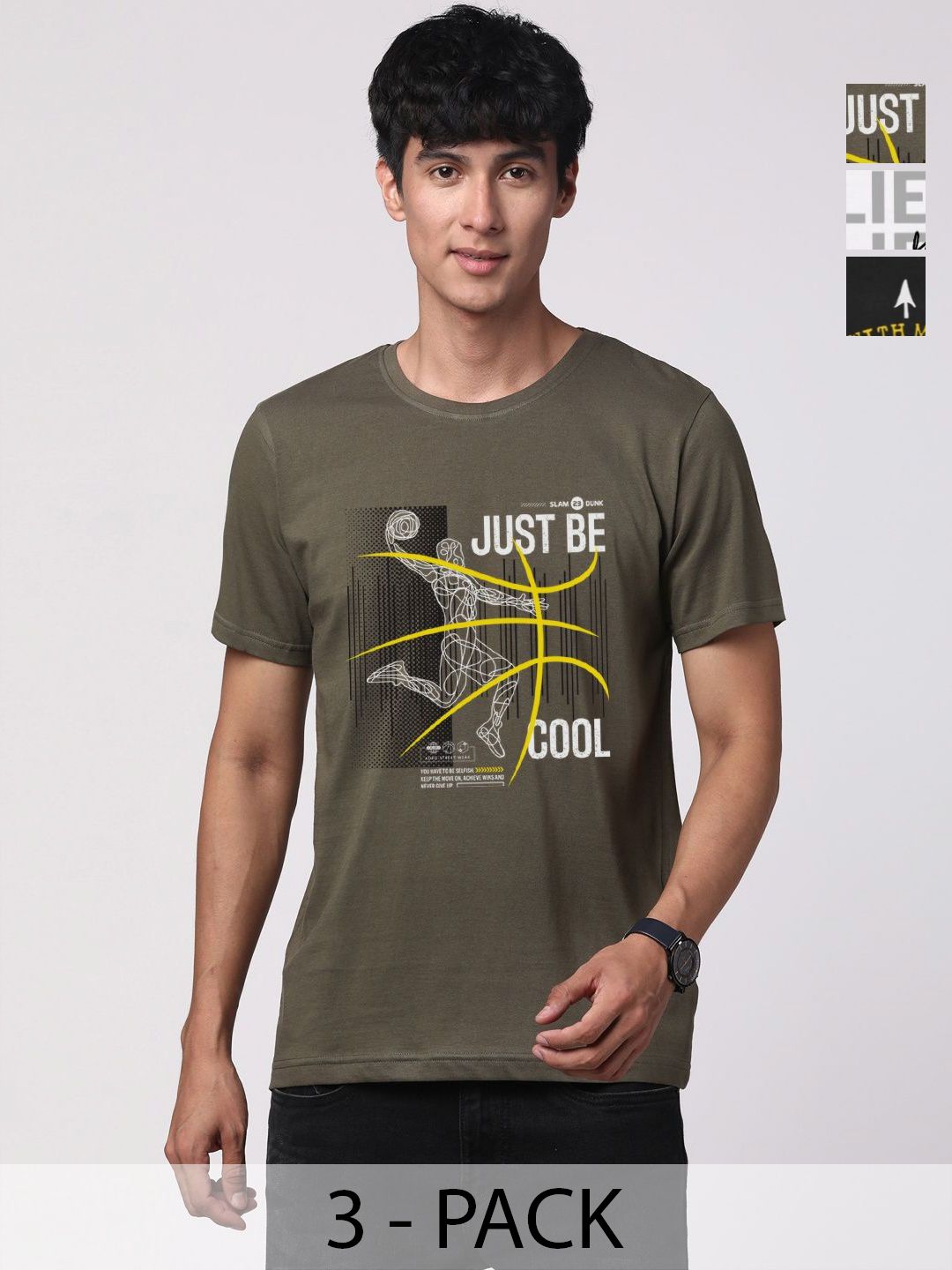 ADRO Pack of 3 Printed Round Neck Cotton T-shirt