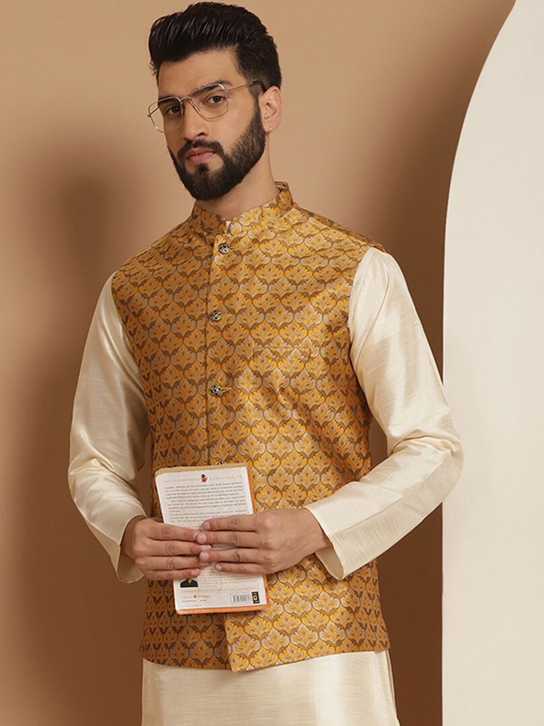 Jaket Nehru Kolar Mandarin Anouk Mustard Printed