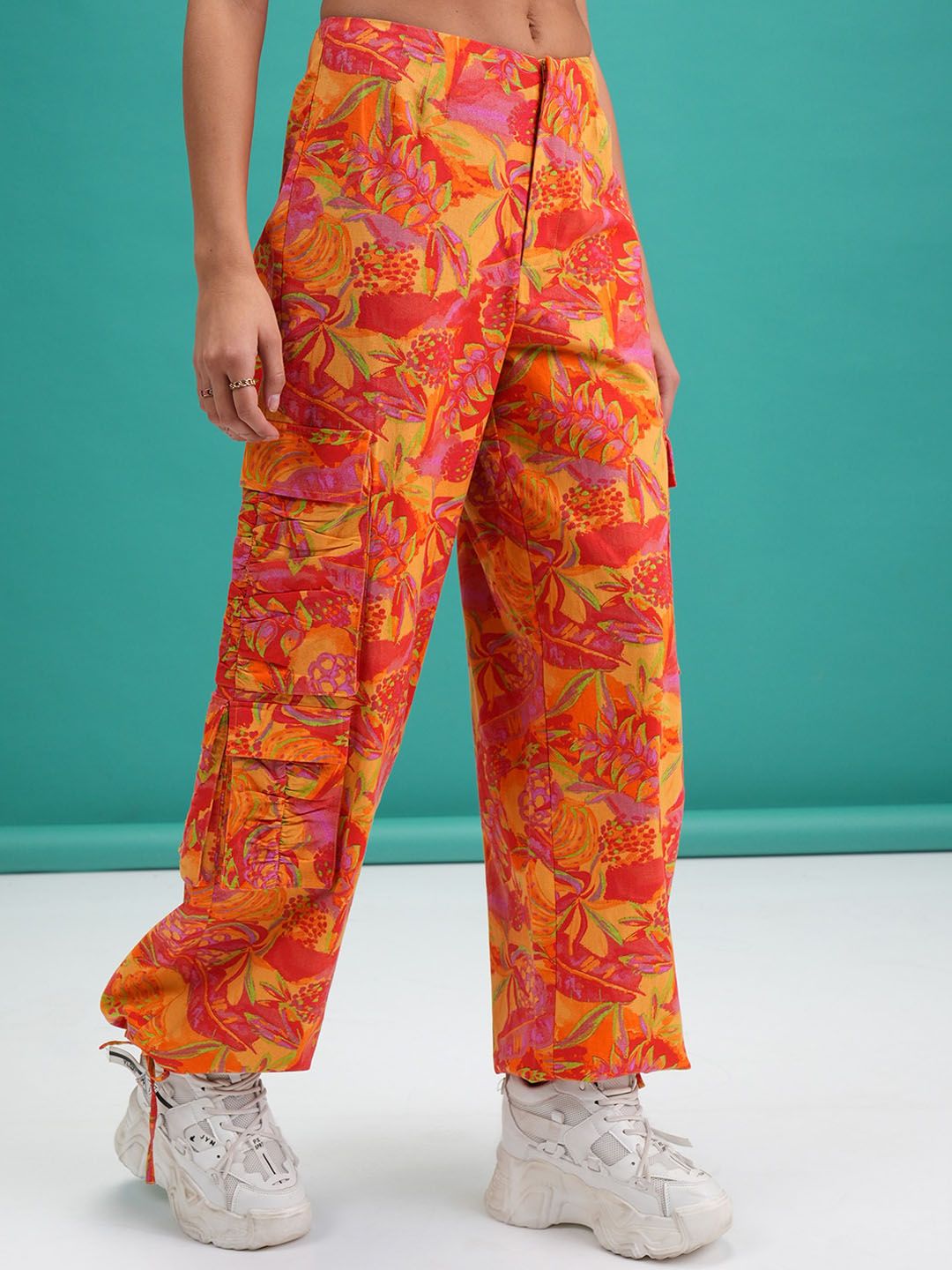 Tokyo Talkies Women Orange Floral Printed Cotton Mid-Rise Joggers Trouser