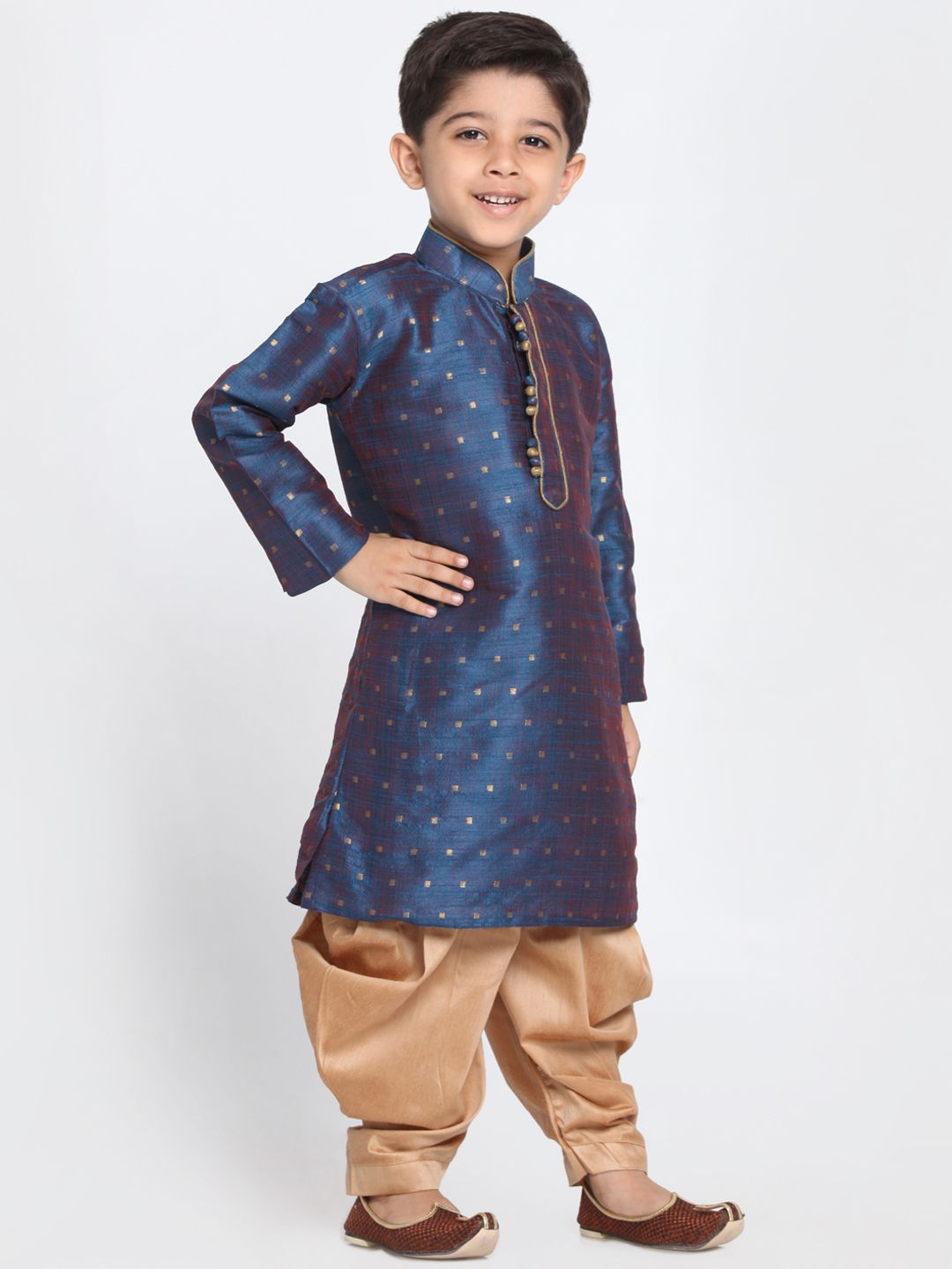 VASTRAMAY Boys Navy Blue & Beige Self Design Kurta with Dhoti Pants