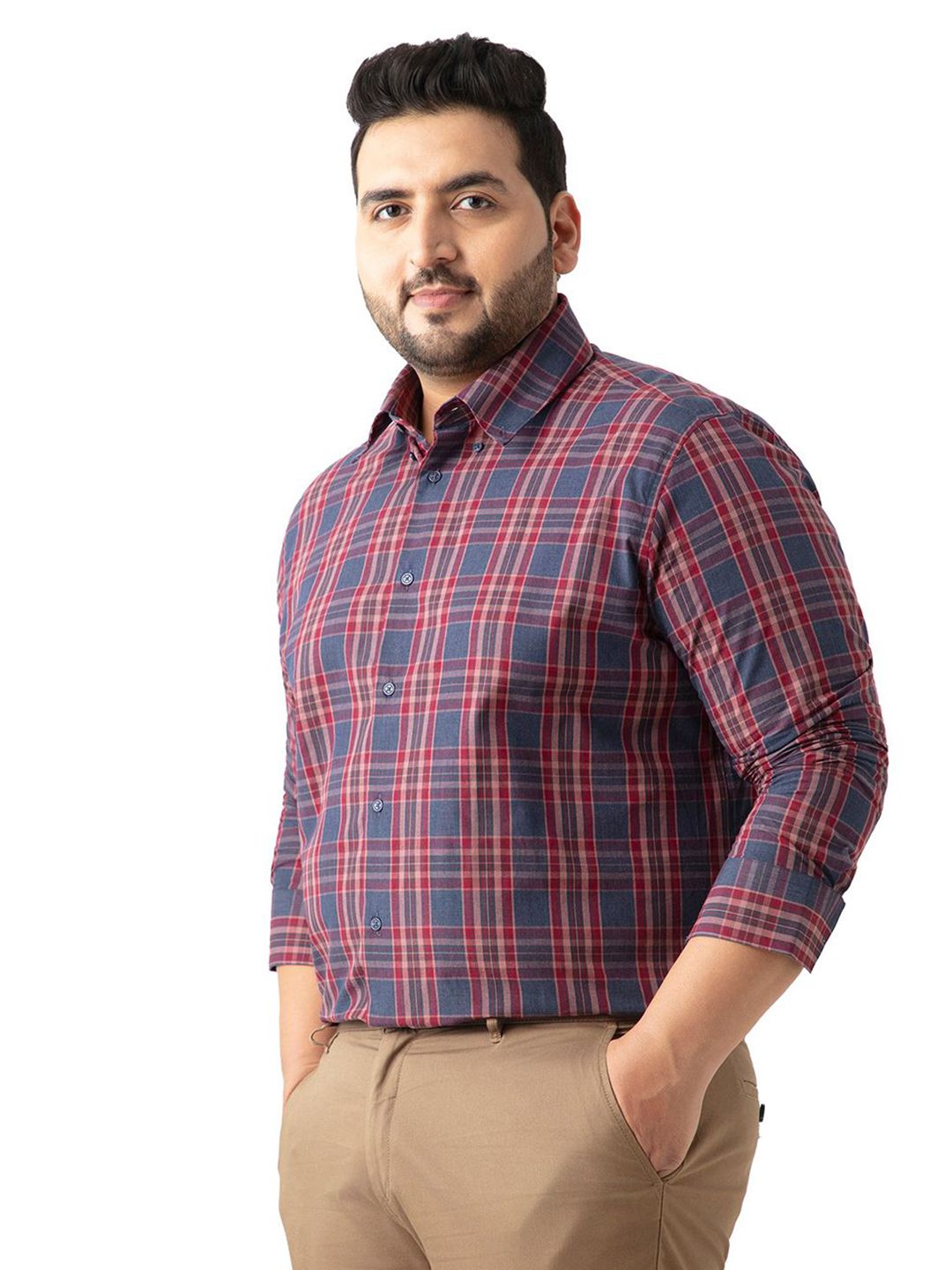 RARE RABBIT Men Comfort Fit Spread Collar Tartan Checked Cotton Formal Shirt