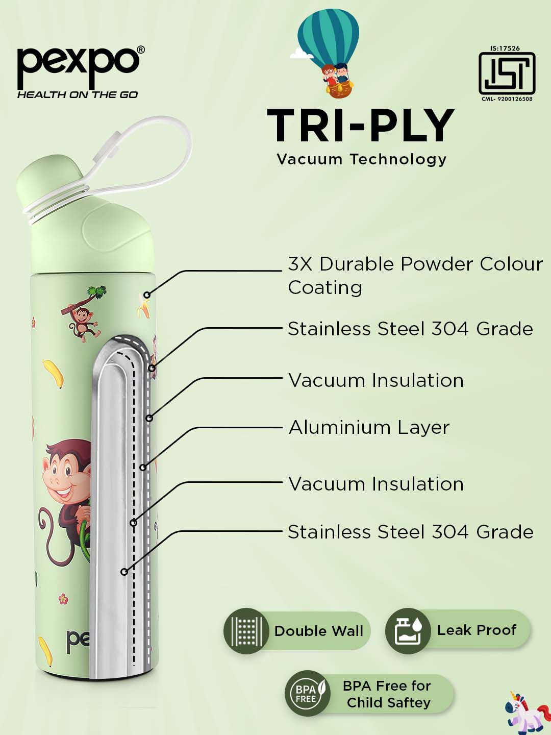 Pexpo pico hijau ISI yang disahkan termosteel panas dengan botol air flask monyet 500ml