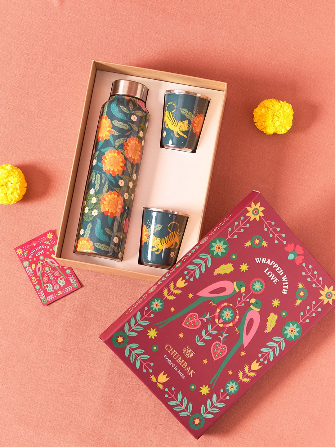 Chumbak Marigold Green & Yellow 3 Pieces Printed Stainless Steel Drinkware Gift Set