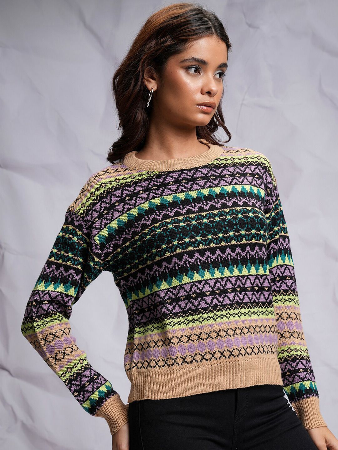 Tokyo Talkies Black Relaxed Fit Cable Knit Acrylic Pullover
