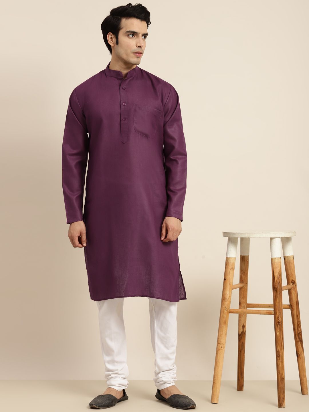 Anug by SOJANYA Men Purple Dobby Band Collar Kurta