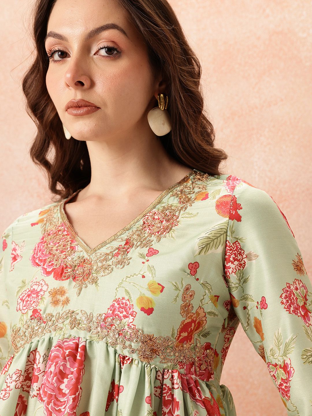 all about you Ethnic Motifs Printed Zari Work Pleated A-Line Kurti