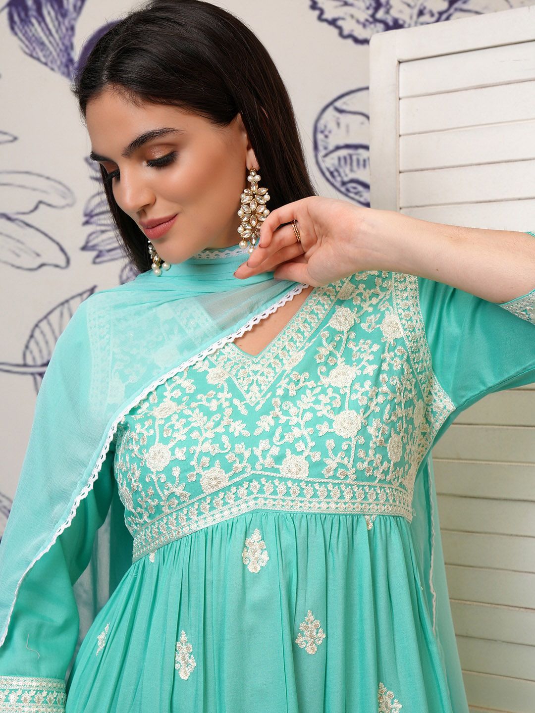Vishudh Blue Ethnic Motifs Embroidered Sequinned A-Line Kurta With Trousers & Dupatta