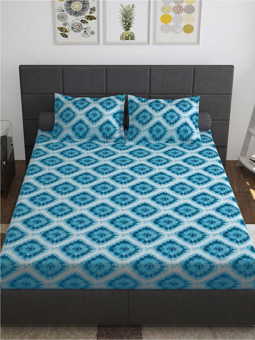 Story@home Blue White Geometric Cotton 144 TC Queen Bedsheet With 2 Pillow Covers