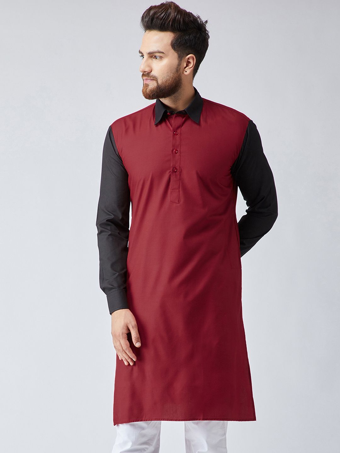 SOJANYA Men Maroon & Black Colourblocked Pathani Kurta