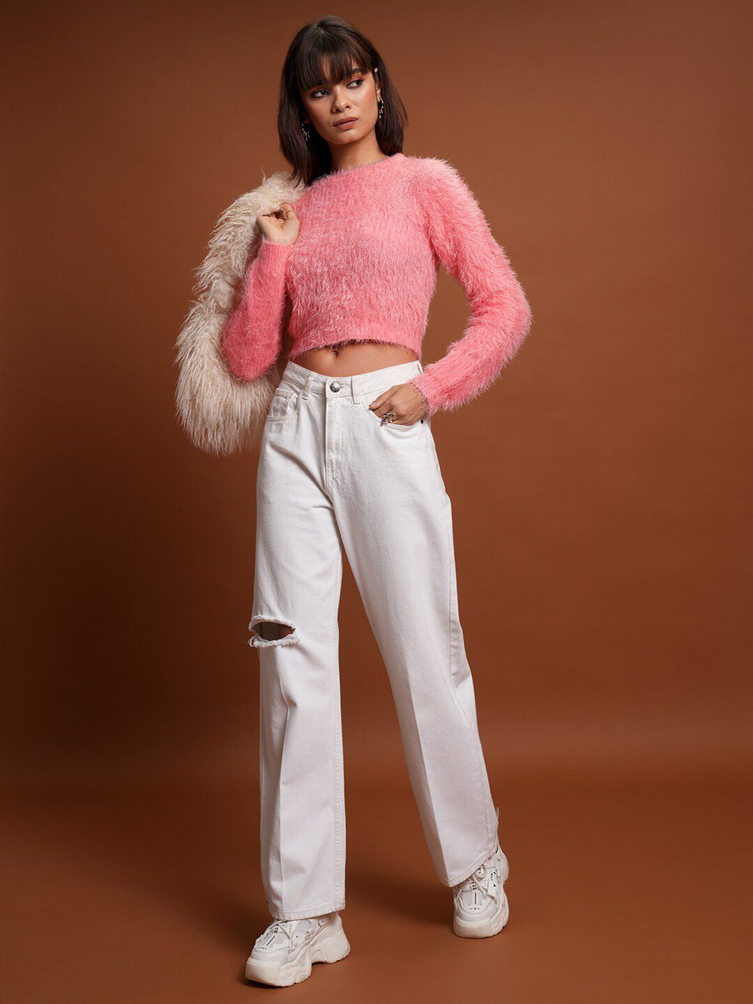 Tokyo Talkies Pink Self Design Acrylic Crop Pullover
