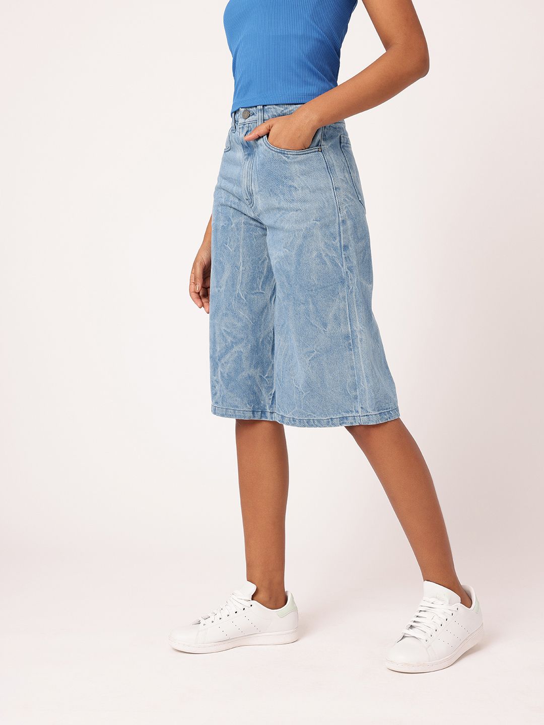 DressBerry Women Urban Street Crinkle Effect Washed Knee Length High Rise Denim Shorts
