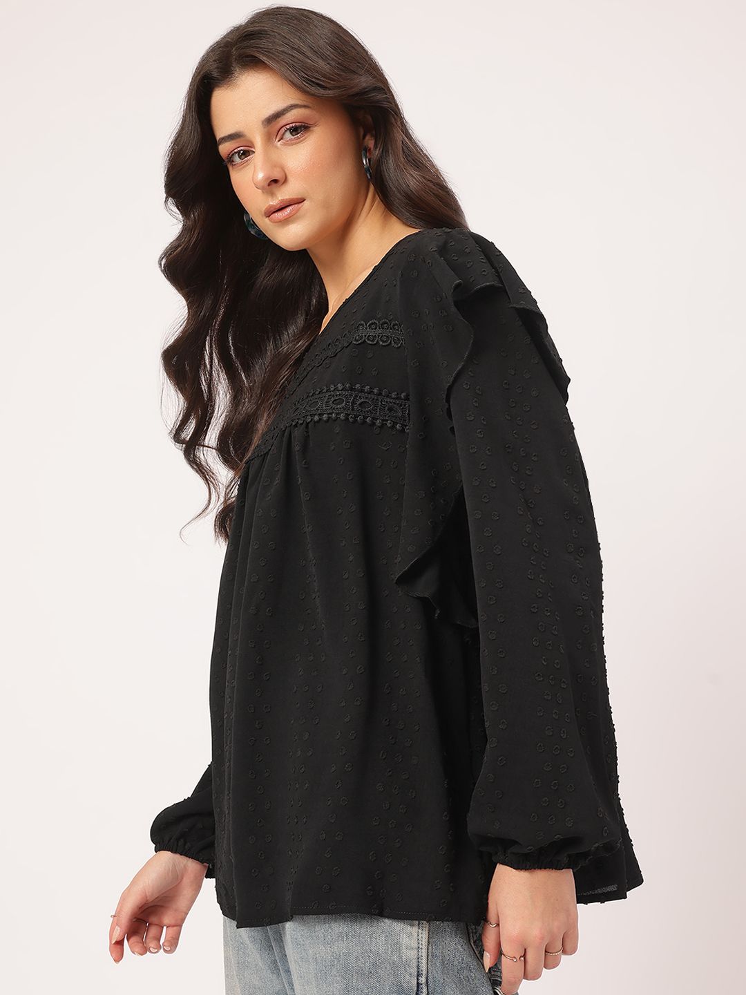 DressBerry Muted Melodies Dobby Weave Lace Inserts Ruffled Top