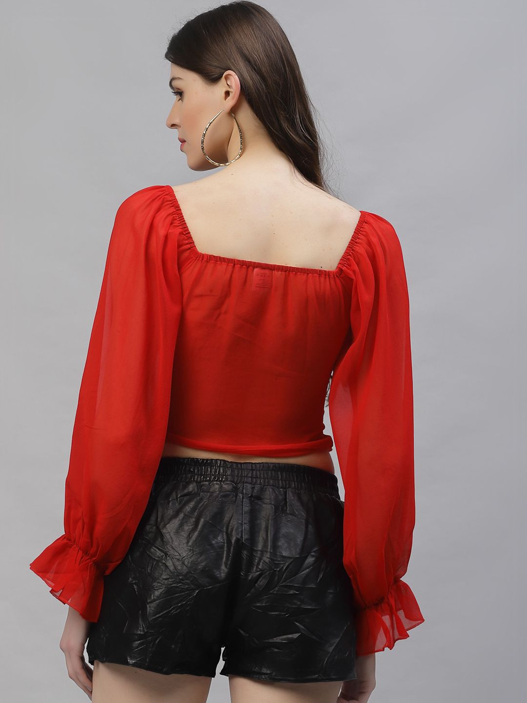 Athena Red Sweetheart Neck Puff Sleeves Georgette Crop Top