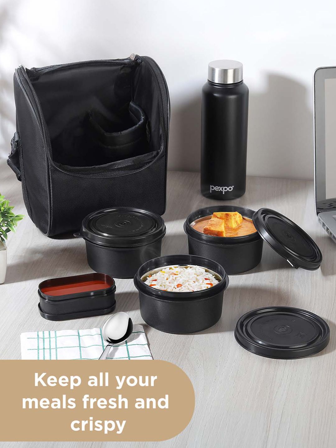 Pexpo hitam 5 keping keluli tahan karat microwave selamat kotak makan tengah hari 2.15 ml