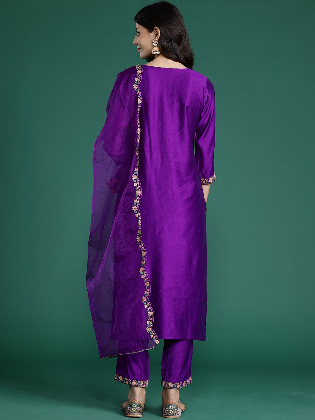 Indo Era Floral Embroidered Sequinned Liva Kurta With Trousers & Dupatta