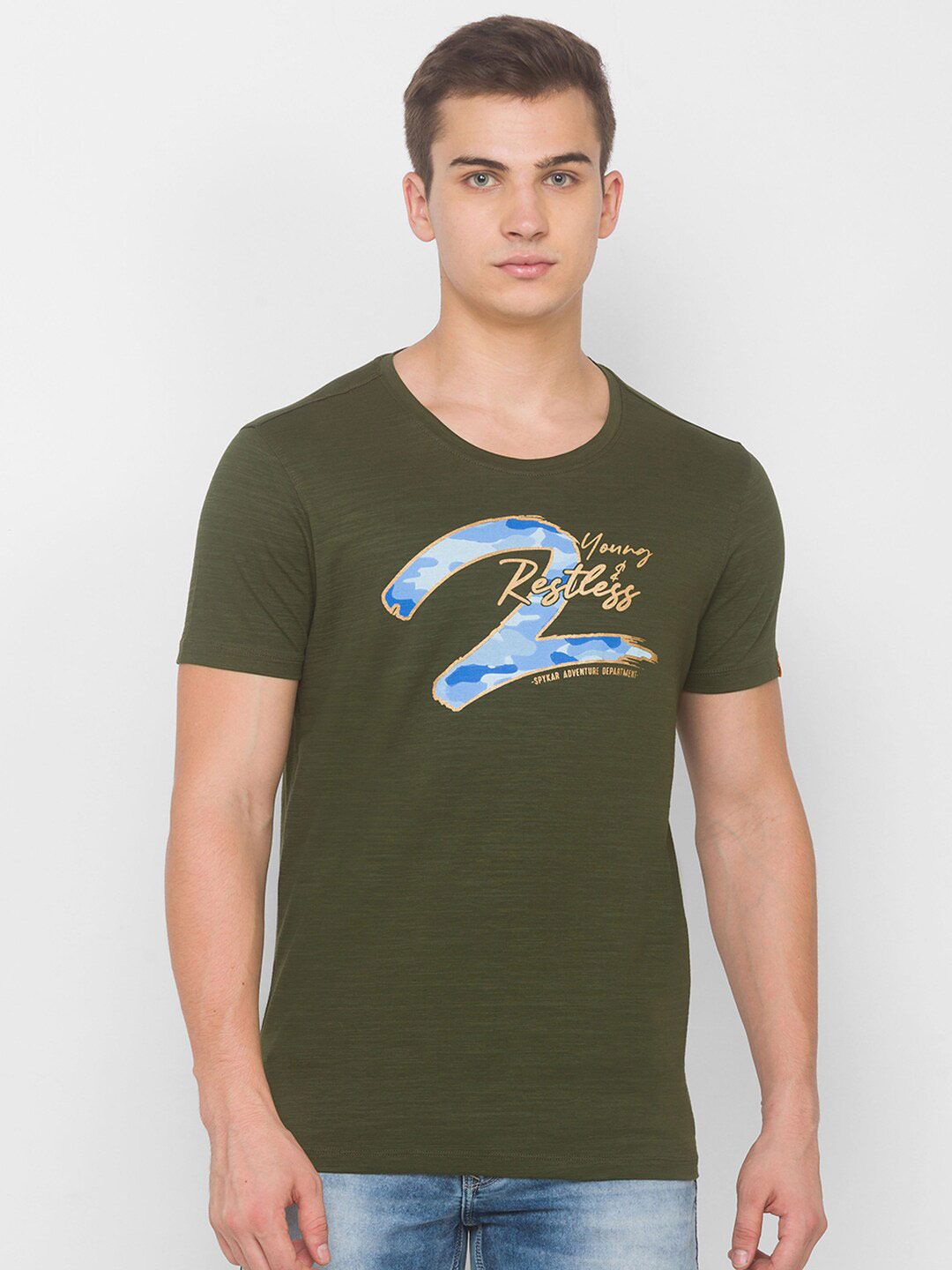 SPYKAR Men Green & Blue Printed Slim Fit Round Neck T-shirt