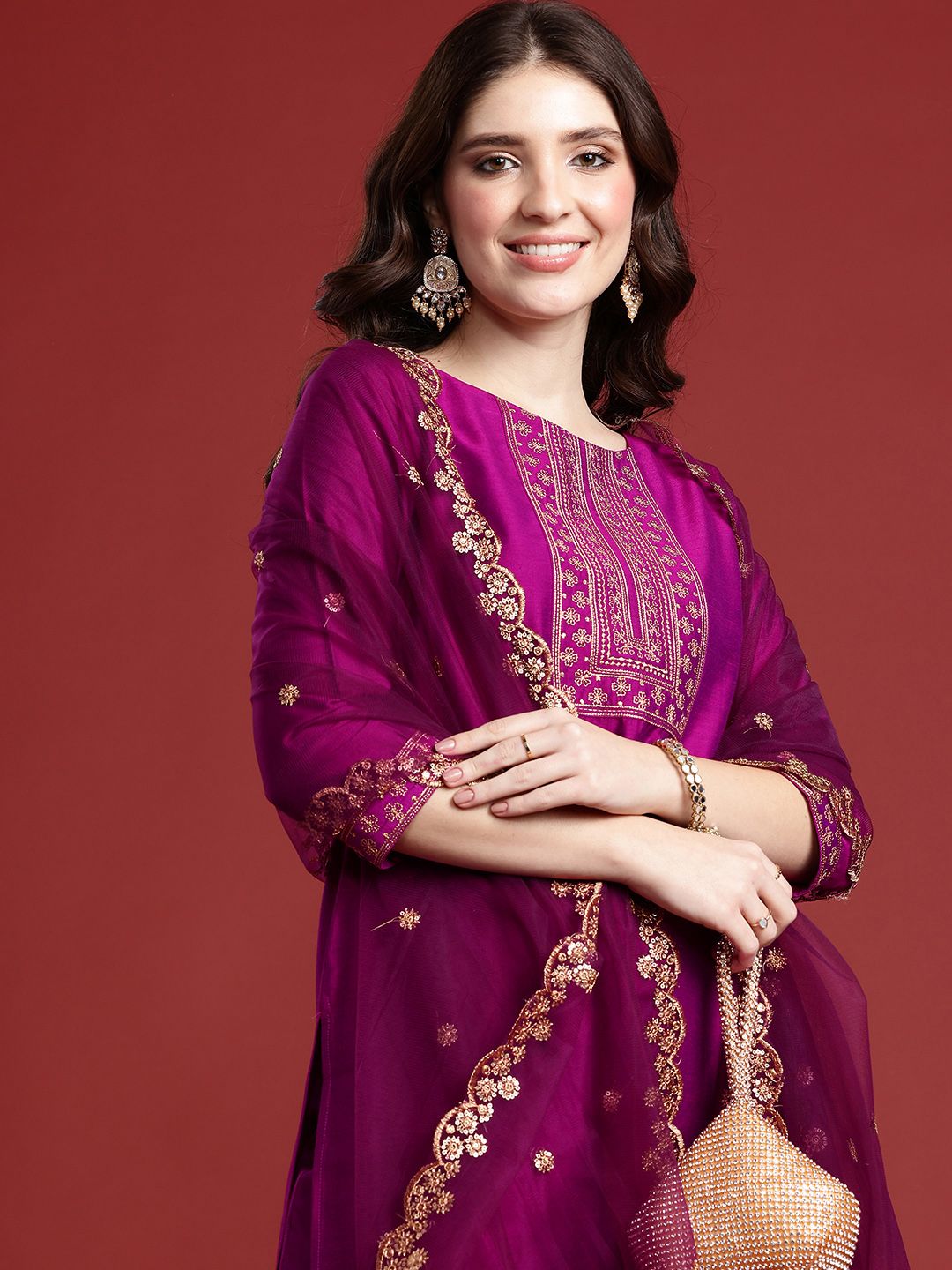 Anouk wanita etnik motif bersulam kurta biasa dengan seluar & dengan dupatta