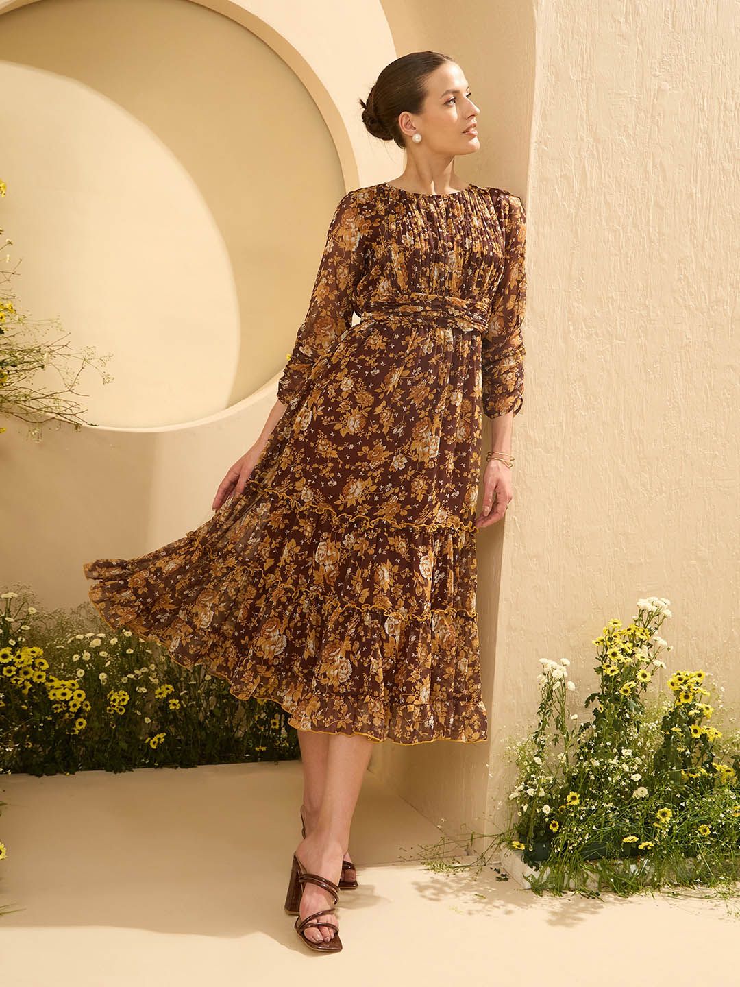 Antheaa Floral Printed Tiered Fit and Flare Midi Dress