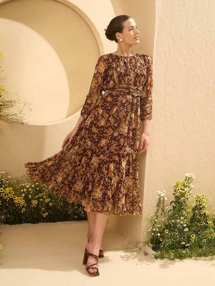 Antheaa Floral Printed Tiered Fit and Flare Midi Dress