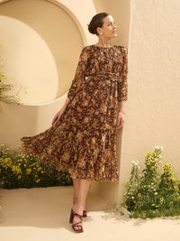 Antheaa Floral Printed Tiered Fit and Flare Midi Dress