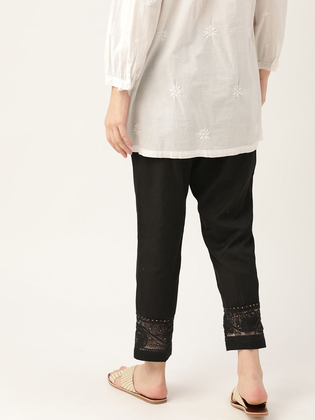 Anouk Women Black Cropped Pure Cotton Cigarette Trousers with Lace Detail