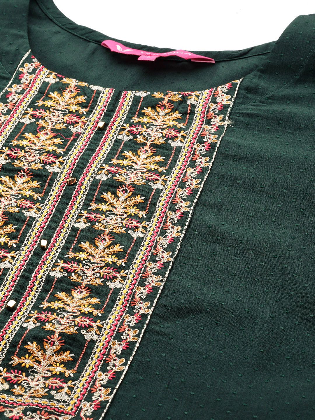 Varanga Women Green Floral Embroidered Thread Work Kurta with Trousers & With Dupatta