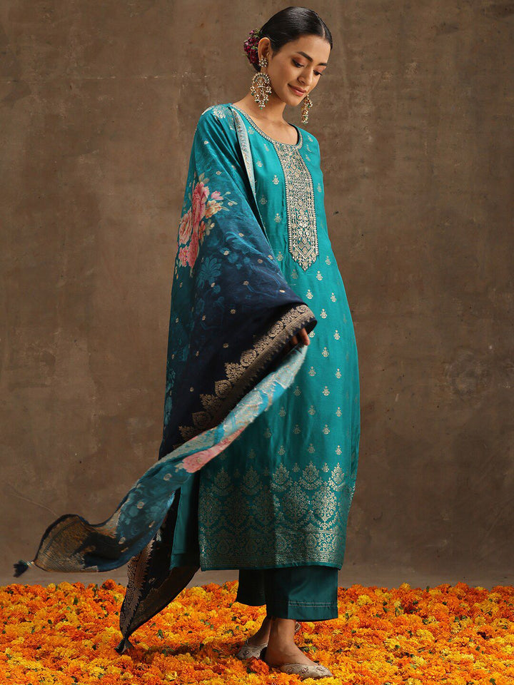 Libas Green Ethnic Motifs Woven Design Pure Silk Kurta With Trousers & Dupatta
