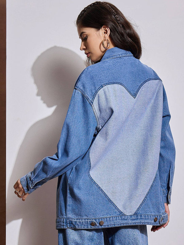 SASSAFRAS Women Spread Collar Solid Casual Denim Jacket