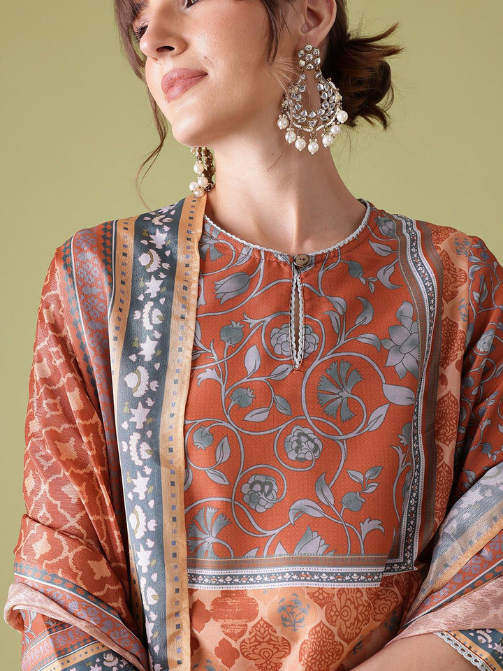 Anouk Indie Floral Printed Keyhole Neck Kurta with Palazzos & Dupatta