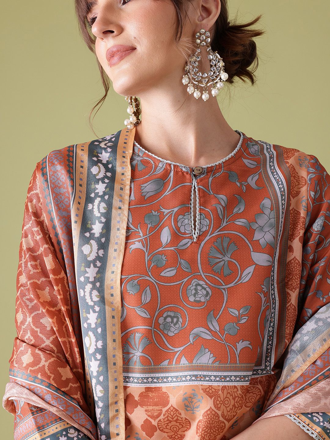 Anouk Indie Floral Printed Keyhole Neck Kurta with Palazzos & Dupatta