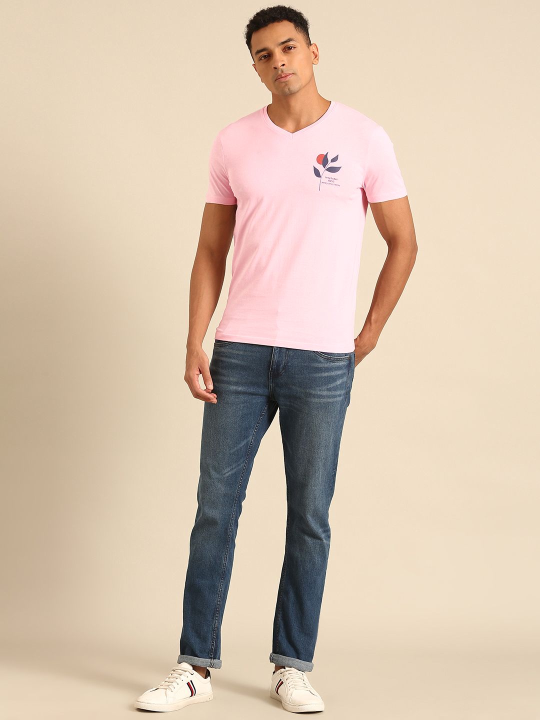 Being Human V-Neck Pure Cotton T-shirt with Minimal Print