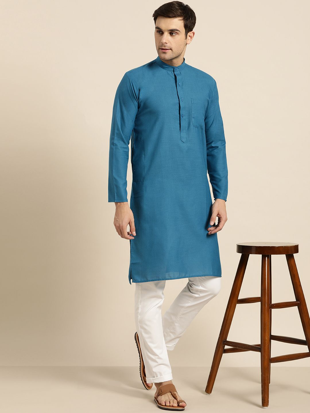 SOJANYA Men Teal Blue Solid Straight Kurta