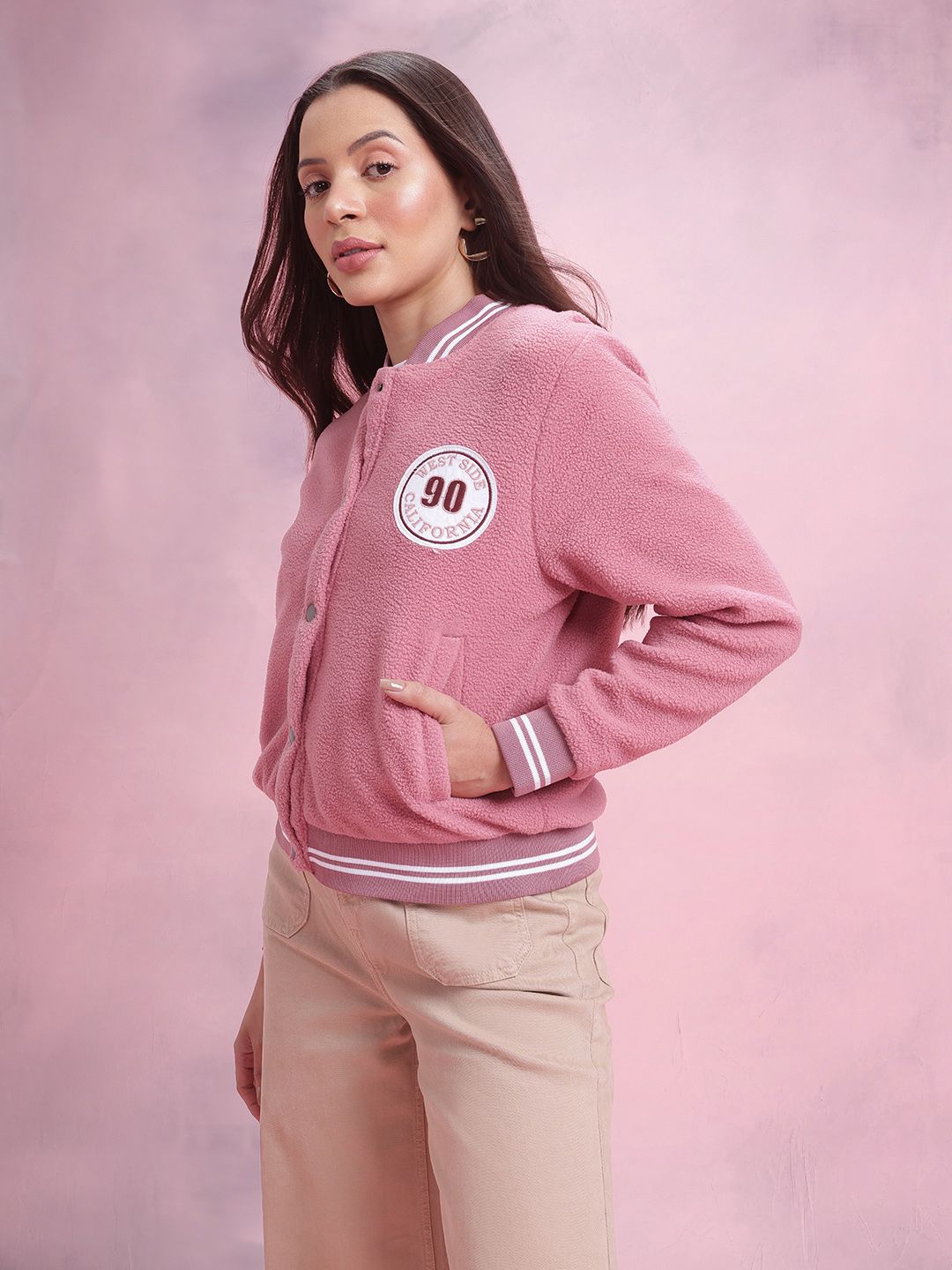 DressBerry Applique Detail Fleece Varsity Jacket