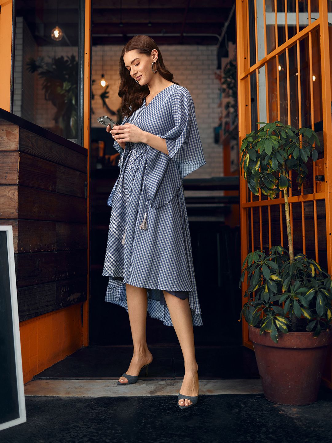 W Checked Kimono Sleeves Kaftan Pure Cotton Midi Dress