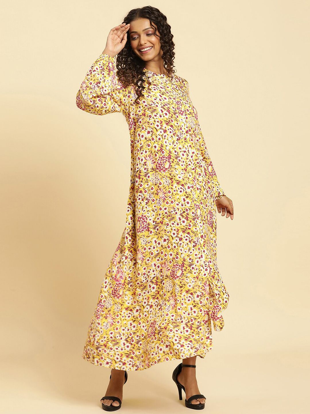 W Floral Print Puff Sleeve Maxi Dress