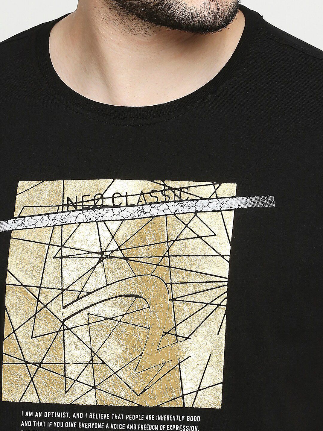 SPYKAR Men Black & Gold-Toned Printed Applique Slim Fit T-shirt