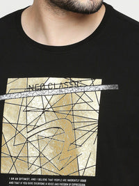 SPYKAR Men Black & Gold-Toned Printed Applique Slim Fit T-shirt